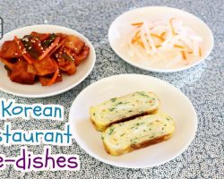 3 Korean Restaurant Side dishes (Spicy Fish Cake Side, Rolled Egg Side, Pickled Radish Side)