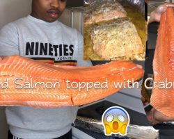 How to cook HUGE Baked Salmon topped with crabmeat & side dishes with the Jackson’s