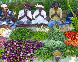 KING of VEGETABLE Recipe | SAMBAR Recipe with Four Side Dish | Veg Village Food Cooking in Village
