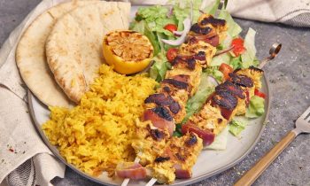 Chicken Kebabs with Yellow Rice